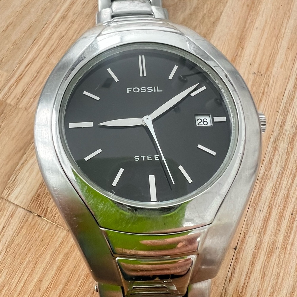 Fossil mens Arkitekt black dial stainless steel watch NEW BATTERY
